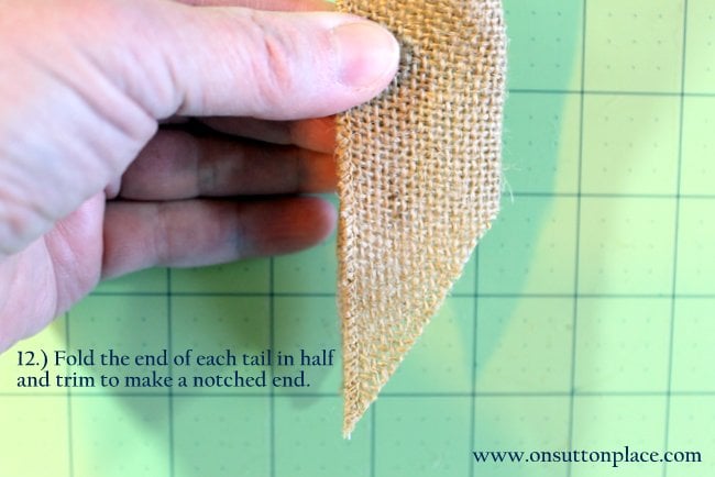 A notched end of a burlap ribbon