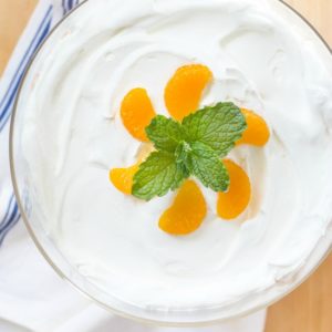 orange fluff jello recipe in trifle bowl
