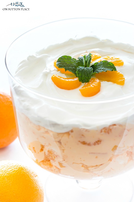 orange fluff salad recipe in trifle bowl