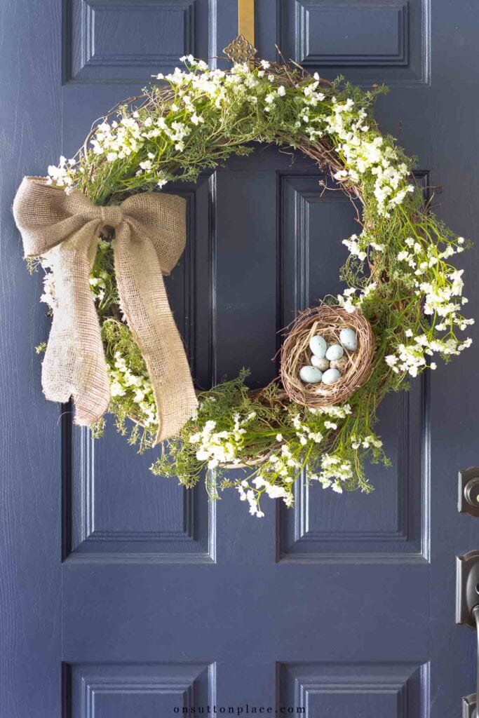 how to make a wreath with burlap bow on blue front door