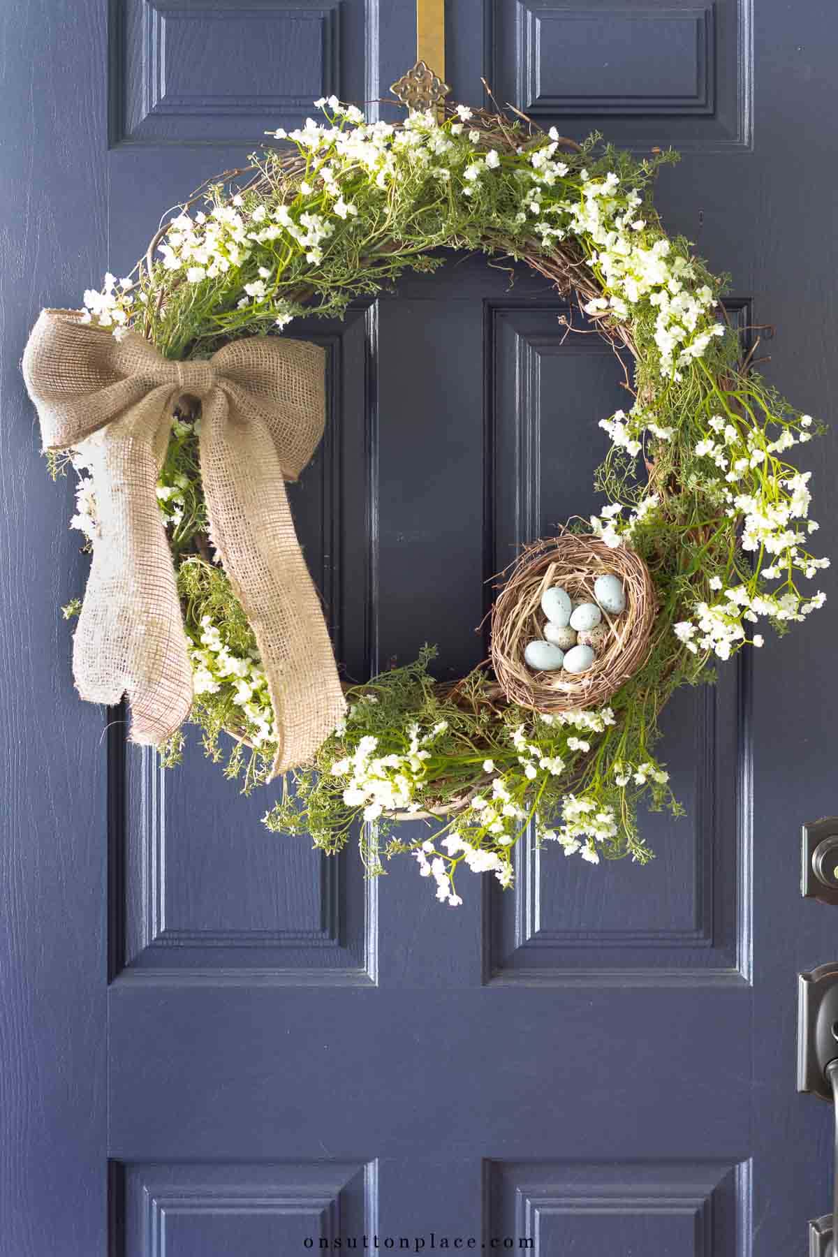 how to make a wreath with burlap bow on blue front door