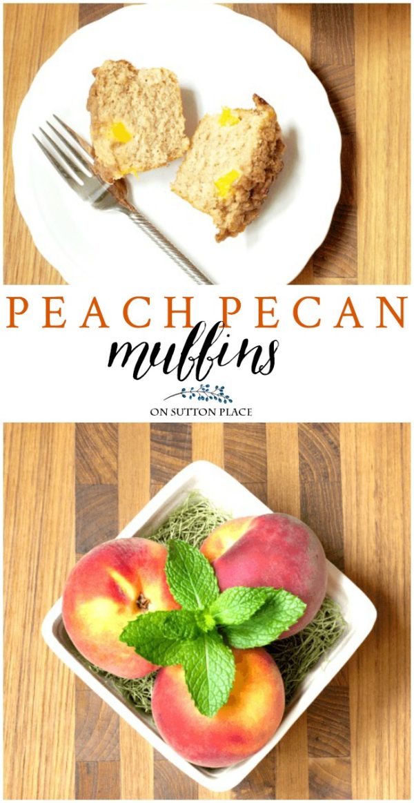 peach pecan muffins pin with text This easy Peach Pecan Muffins Recipe that basic ingredients and fresh peaches. If you like muffin tops these are amazing!