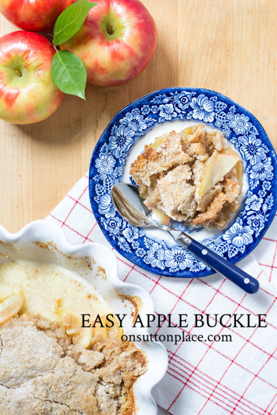 easy apple buckle recipe pin with text Easy Apple Buckle recipe that's made with your favorite apple variety. Can easily be doubled for a party or family gathering!