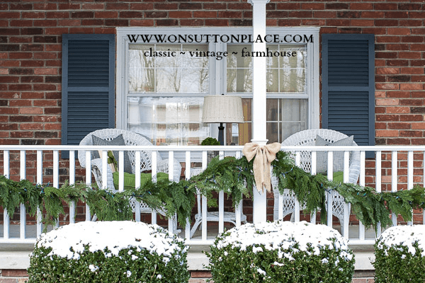 Christmas Front Porch with Natural Pine Garland and Burlap