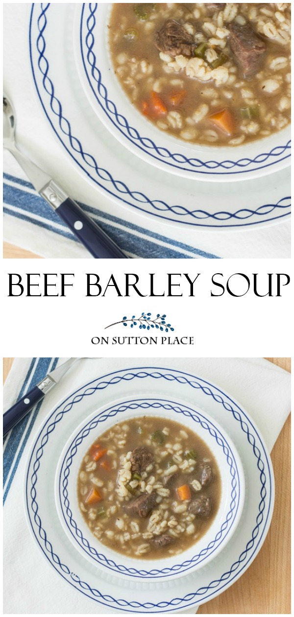 Hearty and super simple, this beef barley soup goes from stovetop to table in about an hour! Perfect for busy weeknight dinners or Sunday Supper. Semi-homemade and delicious! #soup #souprecipe #beefbarleysoup #recipe #sundaysupper