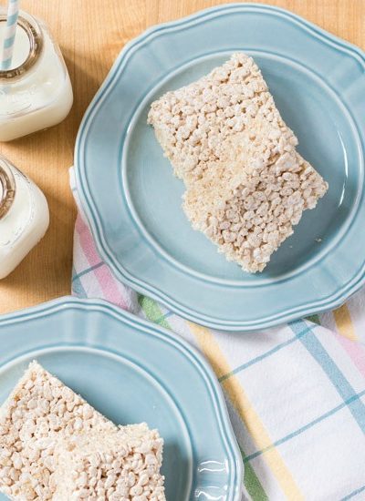rice krispie treats on blue plates