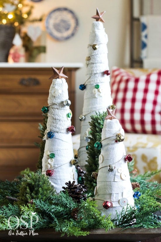 Grain Sack Christmas Tree How To | Easy tutorial with pictures to make a fabric covered tree. Use drop cloths, grain sacks or scrap fabric. 