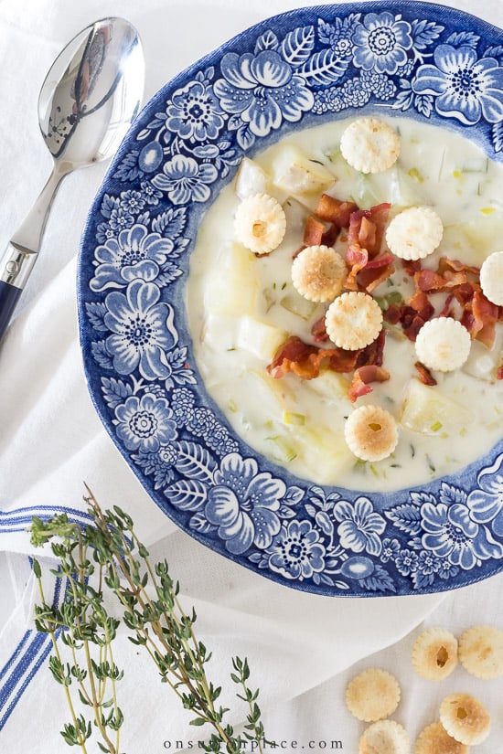potato soup in transferware bowl