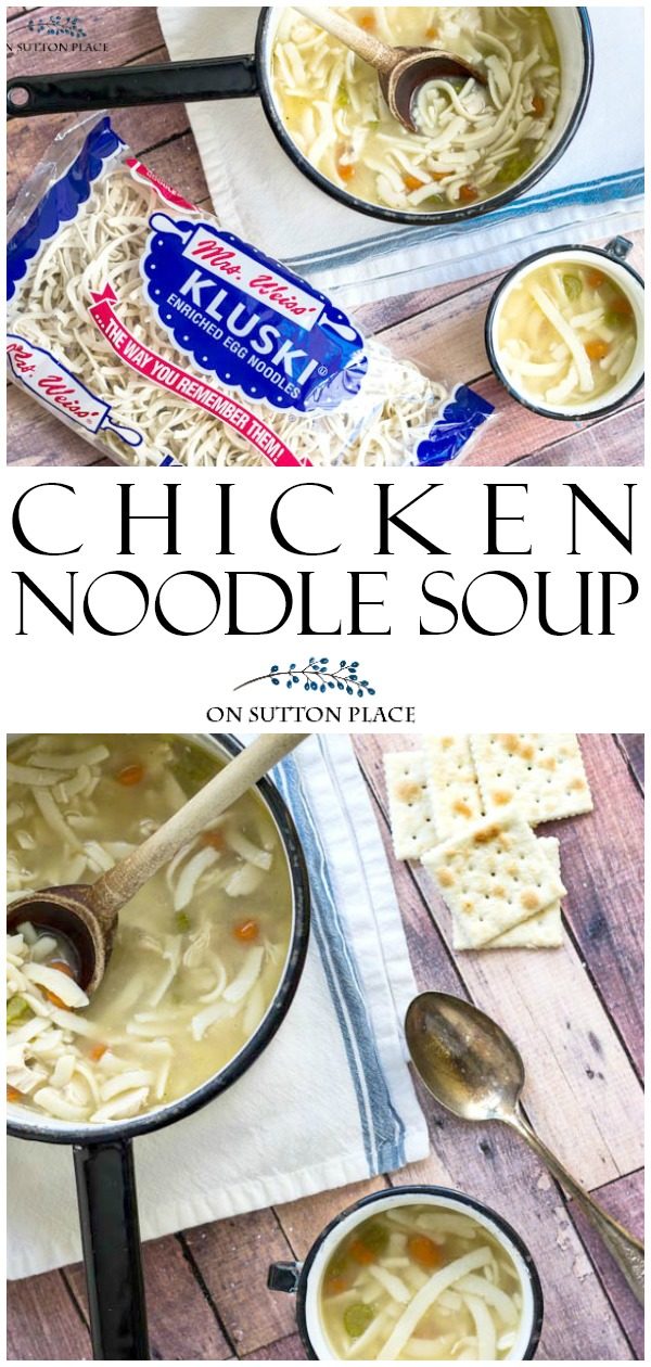 chicken noodle soup recipe pin This easy semi-home Chicken Noodle Soup Recipe is quick, hearty and delicious! Can be made-ahead and makes the perfect busy weeknight meal or Sunday Supper.