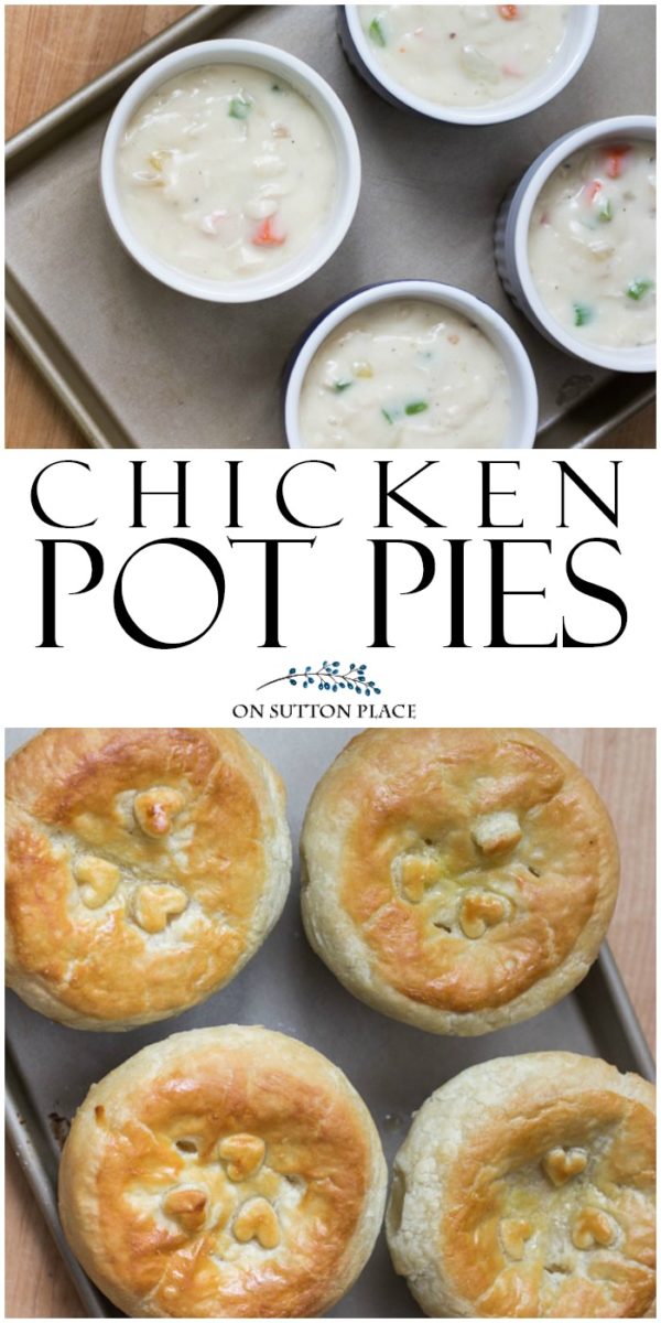 chicken pot pies with puff pastry crust pin Amazing comfort food recipe for chicken pot pies with puff pastry crust that's easy and so good! Uses a deli rotisserie chicken so it's a quick week night dinner idea.