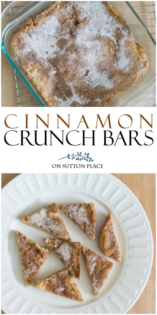 cinnamon crunch bars recipe pin This easy recipe for Cinnamon Crunch Bars uses basic pantry ingredients and is delicious! Can be doubled to feed a crowd. An easy dessert idea or after school snack.