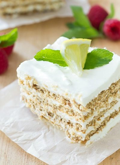piece of lemonade icebox cake with raspberries fi