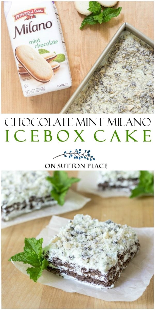 chocolate mint milano icebox cake pin This Chocolate Mint Milano Icebox Cake has just 5 ingredients and is no bake! Whip it up in no time for an easy, fresh dessert. Perfect for St. Patrick's Day!