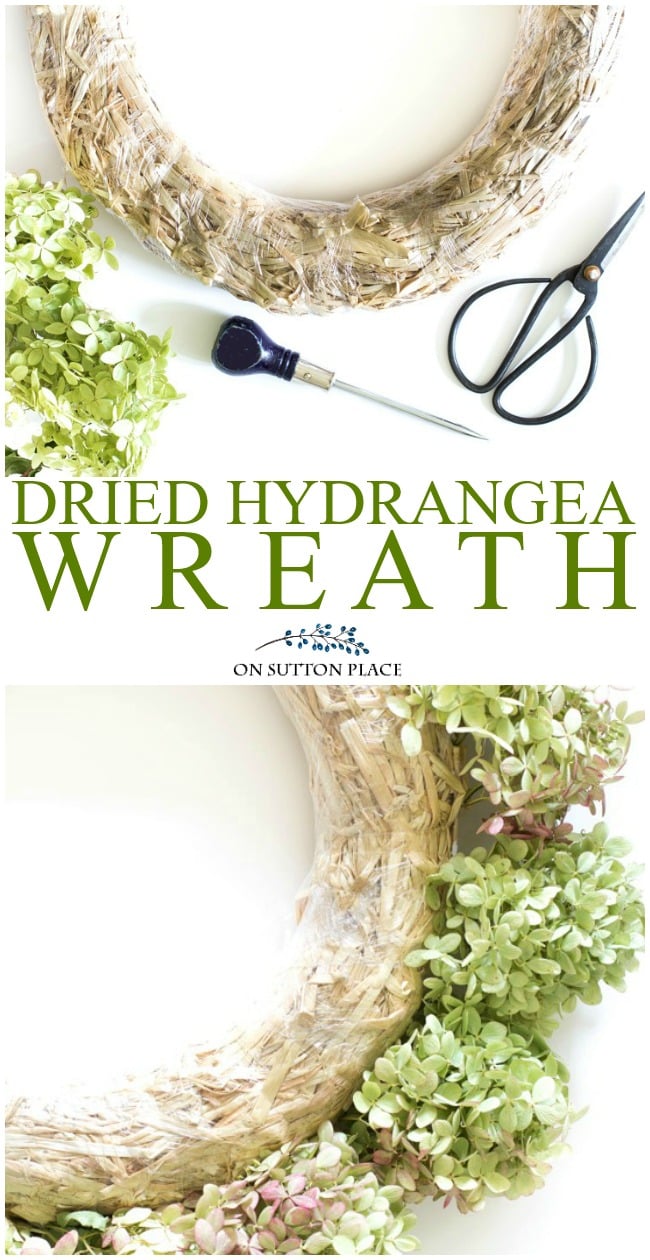 Dried Hydrangea Wreath Tutorial: easy directions with pictures to make your own wreath. Wreath can be made with faux or dried hydrangeas.
