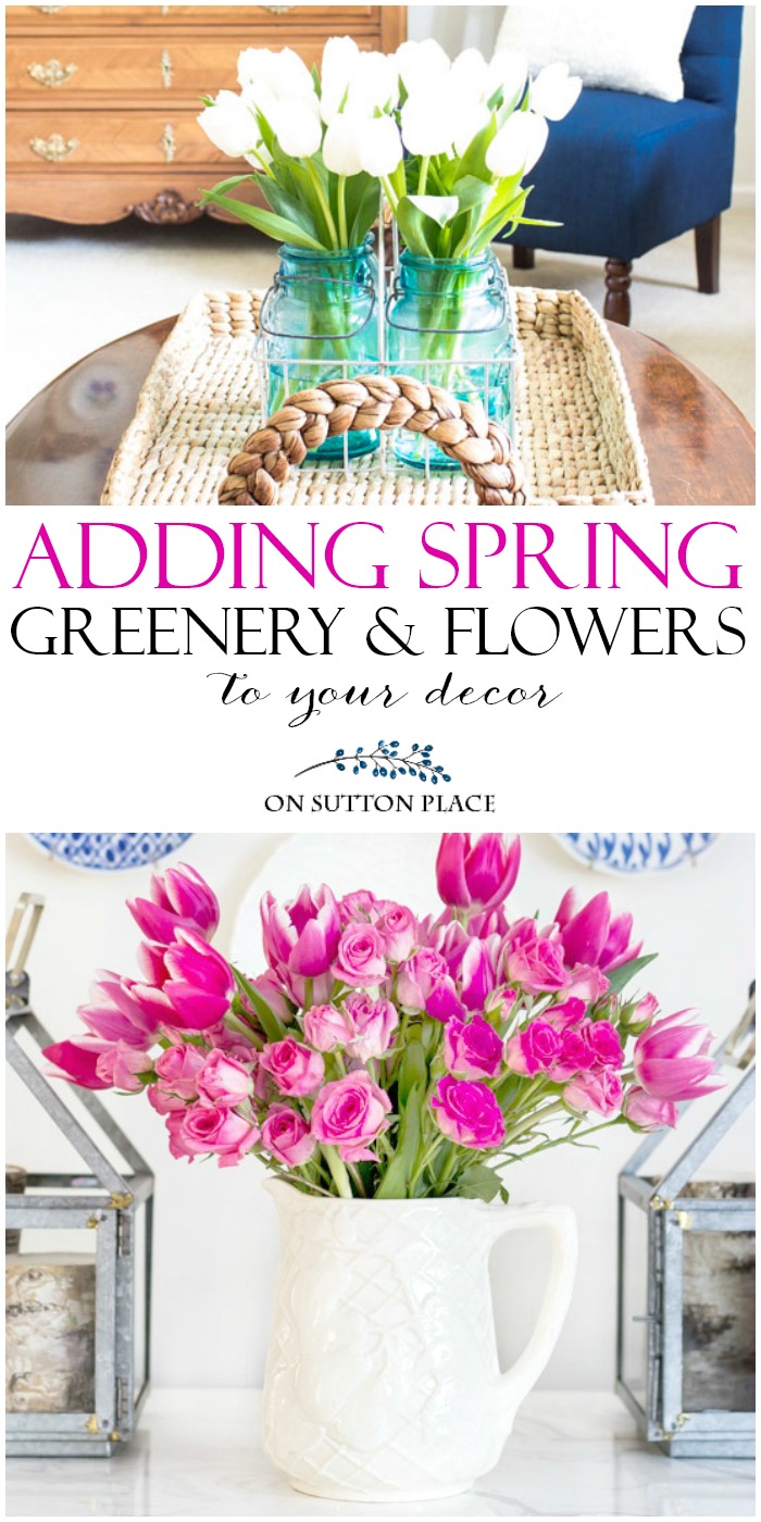 Adding Spring Greenery & Flowers to your Decor. Easy and unexpected ways to add a pop of green and a touch of spring to your spaces. #springflowers #spring #addingspringdecor #springdecor