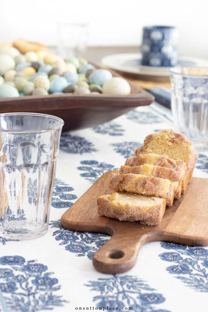 cinnamon bread on wood board Easter table decor