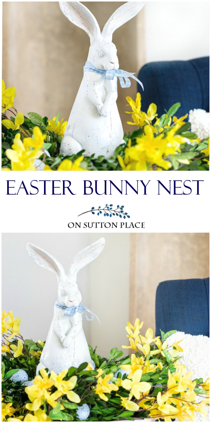 Make a DIY Easter Bunny Nest in just a few minutes! All materials can be easily found at craft stores. Perfect for spring decor and Easter decor.