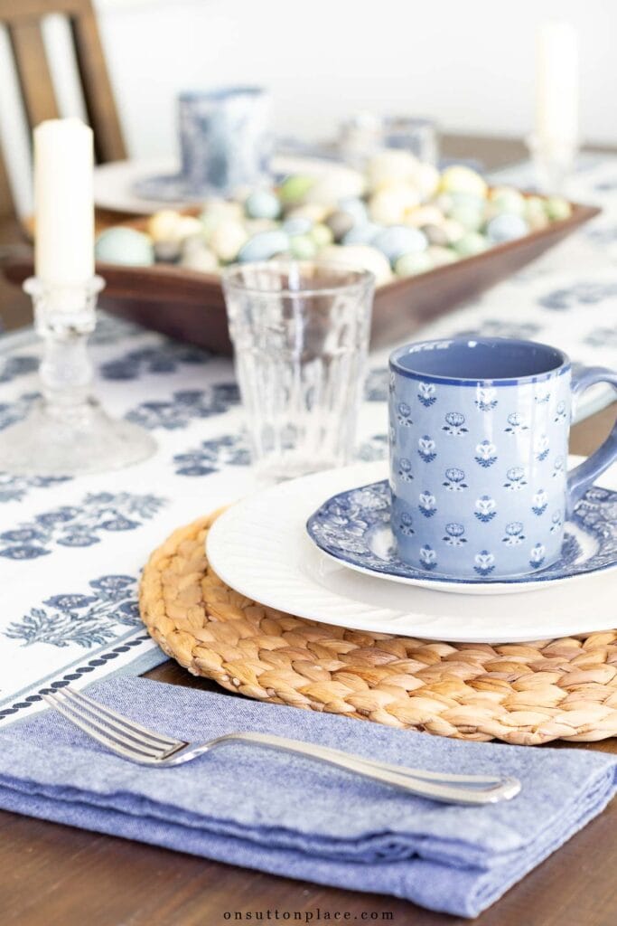easter tablescape with blue and white 2025