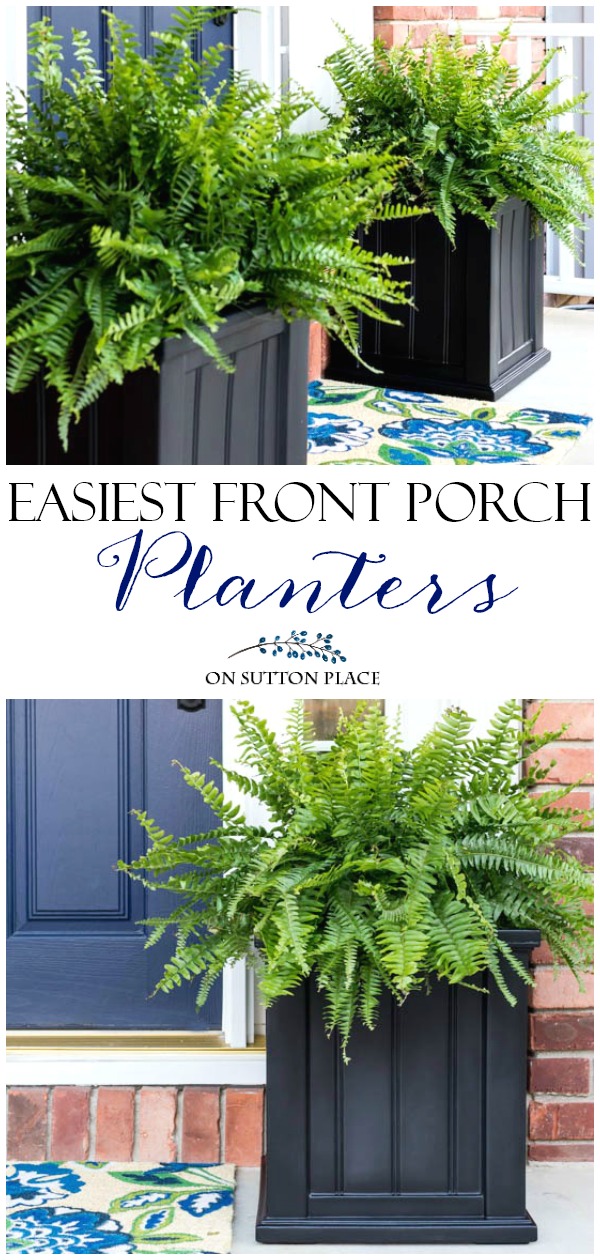 The Easiest Front Porch Planters Ever! Super simple and fast containers to dress up your front door. In just a few minutes your porch will go from drab to amazing! #frontporch #frontporchplanters #easyplanters #easyplanterideas #ferns
