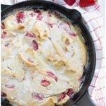 cast iron skillet strawberry cake recipe pin with text
