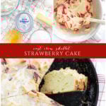 strawberry cake in cast iron skillet collage pin