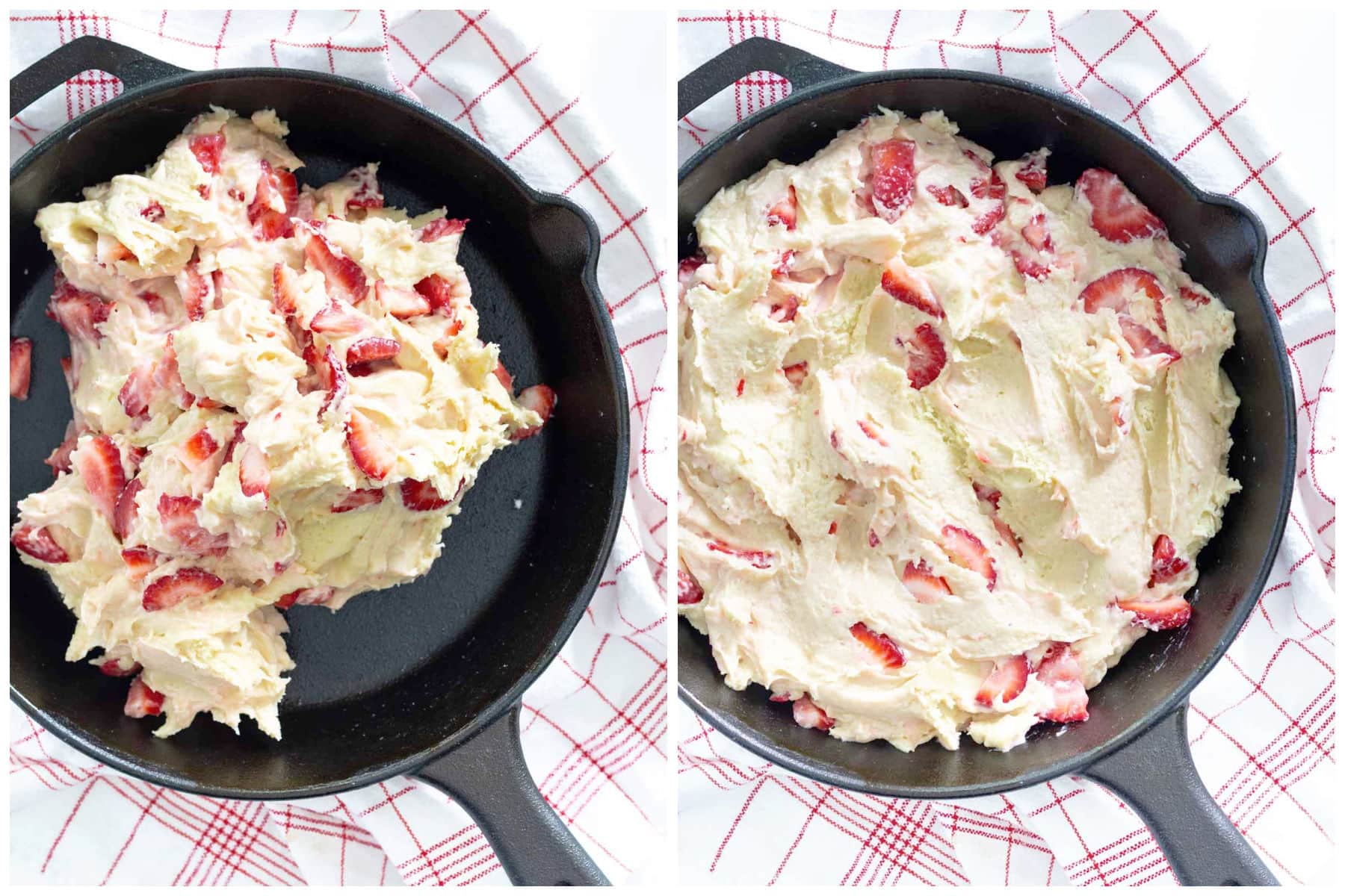strawberry cake recipe batter in cast iron skillet collage