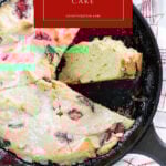 strawberry cake recipe in cast iron skillet pin with text box