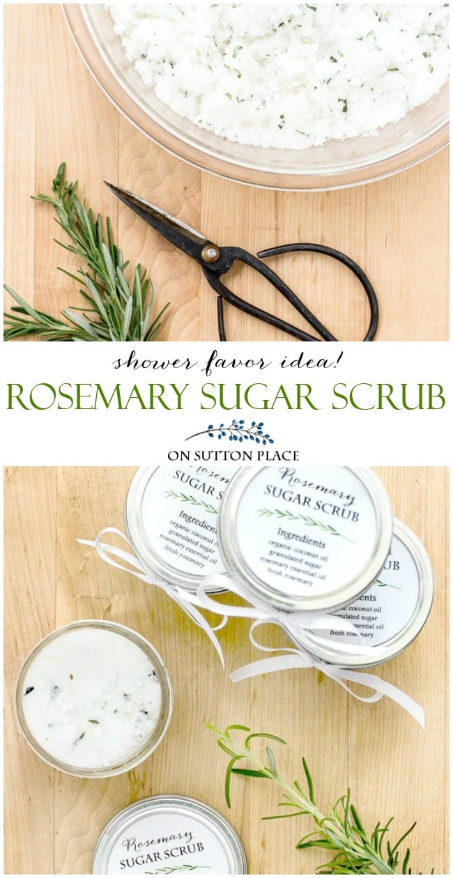Rosemary Sugar Scrub Recipe: A DIY sugar scrub that's the perfect baby shower favor. A homemade sugar scrub that uses coconut oil & rosemary essential oil. #sugar #skin #skincare #skincaretips #skincareproducts