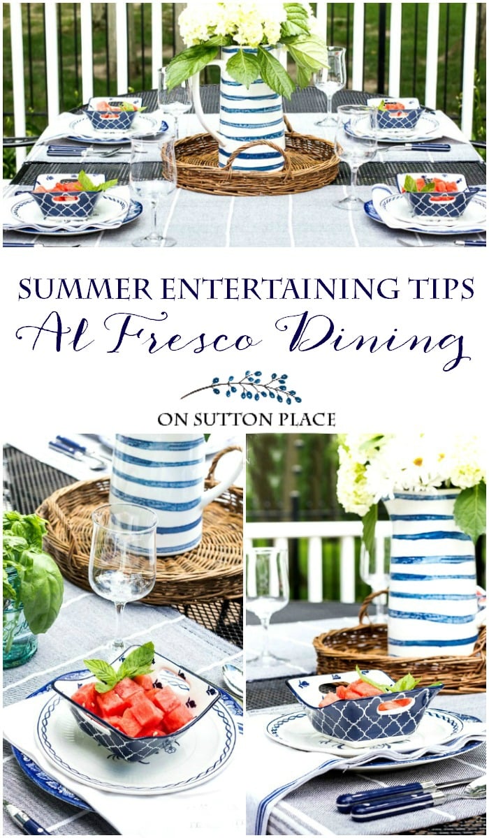 Summer Entertaining Tips & Ideas for Al Fresco Dining. Blue & White tablescape ideas. Tablescape layering tips. Ways to make outdoor dining fun & easy!