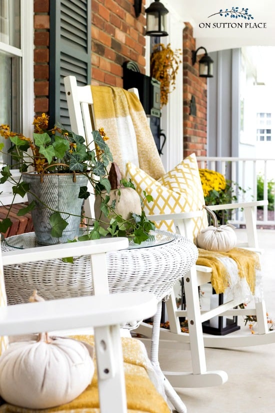 Fun & Festive Fall Porch Decorating Ideas. Five easy ways to add outdoor fall decorations to your porch. Budget-friendly porch decorating ideas for fall. outdoor fall decorations white rockers on porch