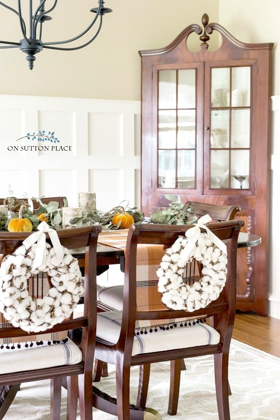 A Farmhouse Fall Home Tour.  Adding touches of fall with seeded eucalyptus, cotton bolls, velvet pumpkins, grain sack pillow covers & more!