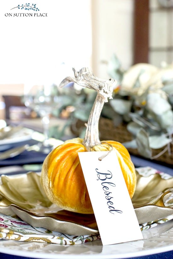 easy fall tablescape ideas blessed tag on orange pumpkin