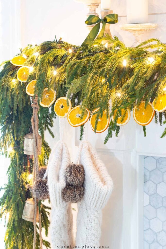 diy dried oranges on pine mantel garland