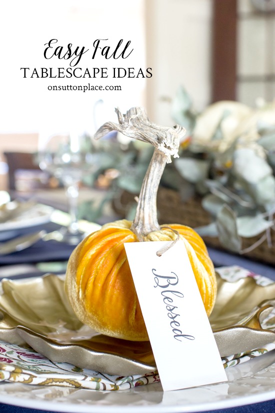 Easy Fall Tablescape Ideas: Use these ideas for Thanksgiving or autumn gatherings. Inspiration for place settings and centerpieces. #fall #autumn #thanksgiving #tablescape #tablesetting #fallcenterpiece #velvetpumpkins #pumpkins