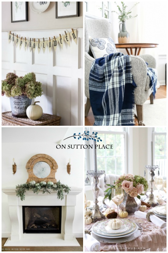 Simple fall decor ideas including a fall tablescape, fall porch decor, cozy throws, a printable fall banner, and a no-sew burlap leaf pillow cover.