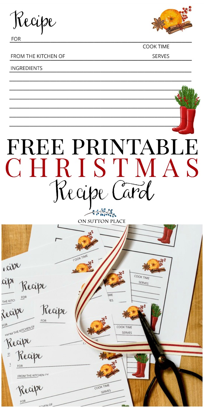 Use this free Christmas Recipe Card Printable for Christmas gift giving, as a stocking stuffer or for yourself! Easy digital download. Just print & cut. #freeprintable #printablerecipecard #christmasprintable