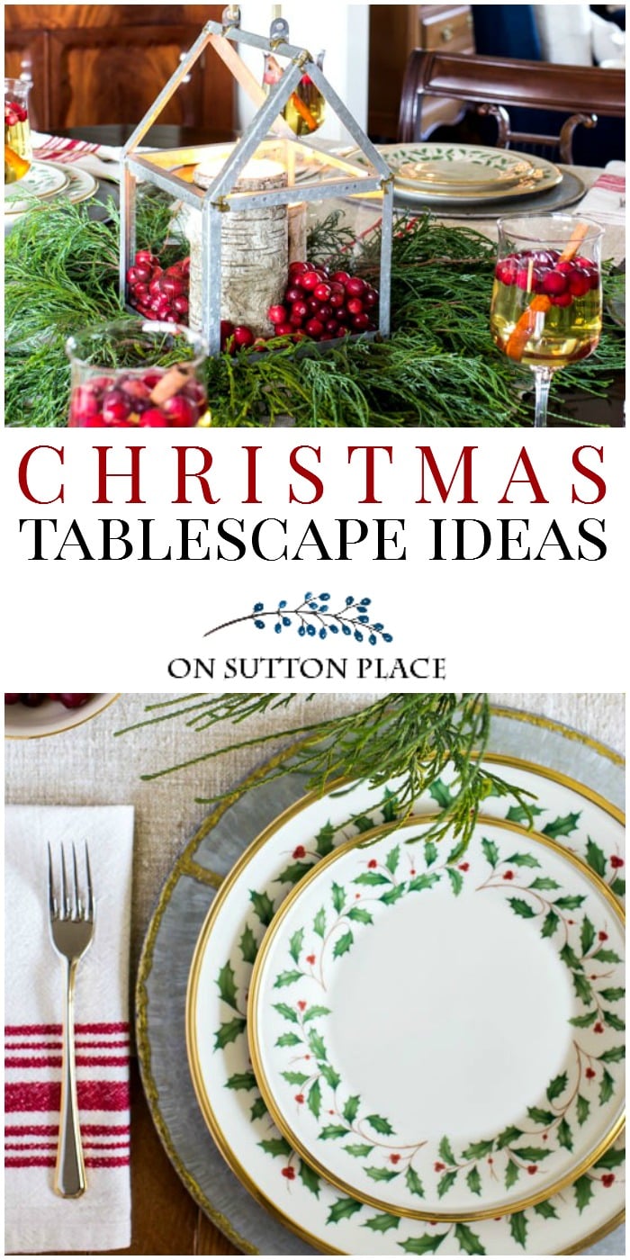 Christmas Tablescape Ideas | Rustic Meets Refined: How to combine elegant china and crystal with rustic Christmas farmhouse elements. #christmastablescape #christmas #grainsack #antiquegrainsack