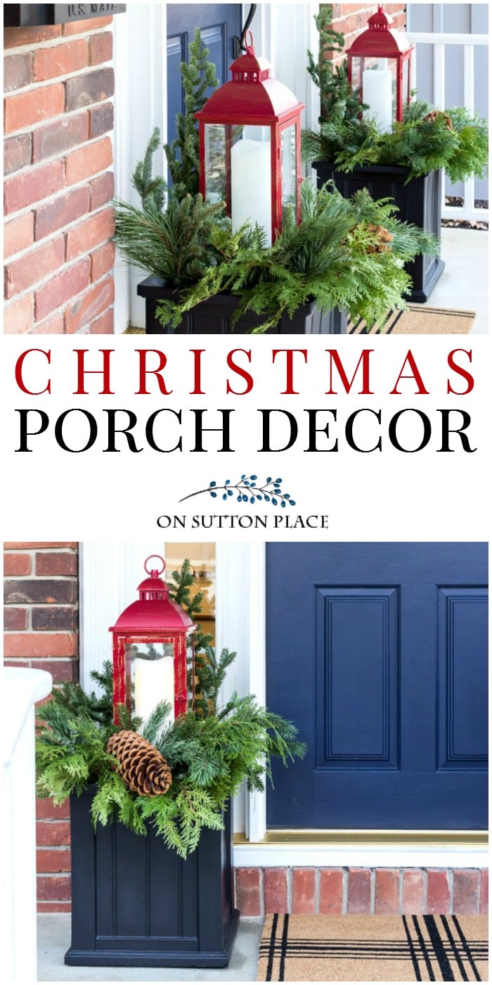 Ideas for easy Christmas porch decor. Winter planter idea using red lanterns. Festive Christmas wreath along with a cozy Christmas sitting area. #Christmas #Christmasporch #Christmasdecor