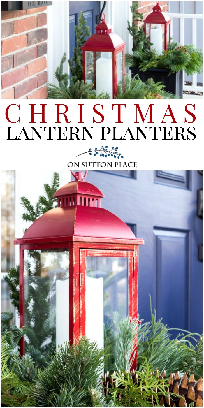 Easy, DIY Outdoor Christmas Lantern Planter Idea for your Porch. Festive and fun way to welcome your friends and family! Uses LED candle and fresh greenery. #Christmas #Christmasdecor