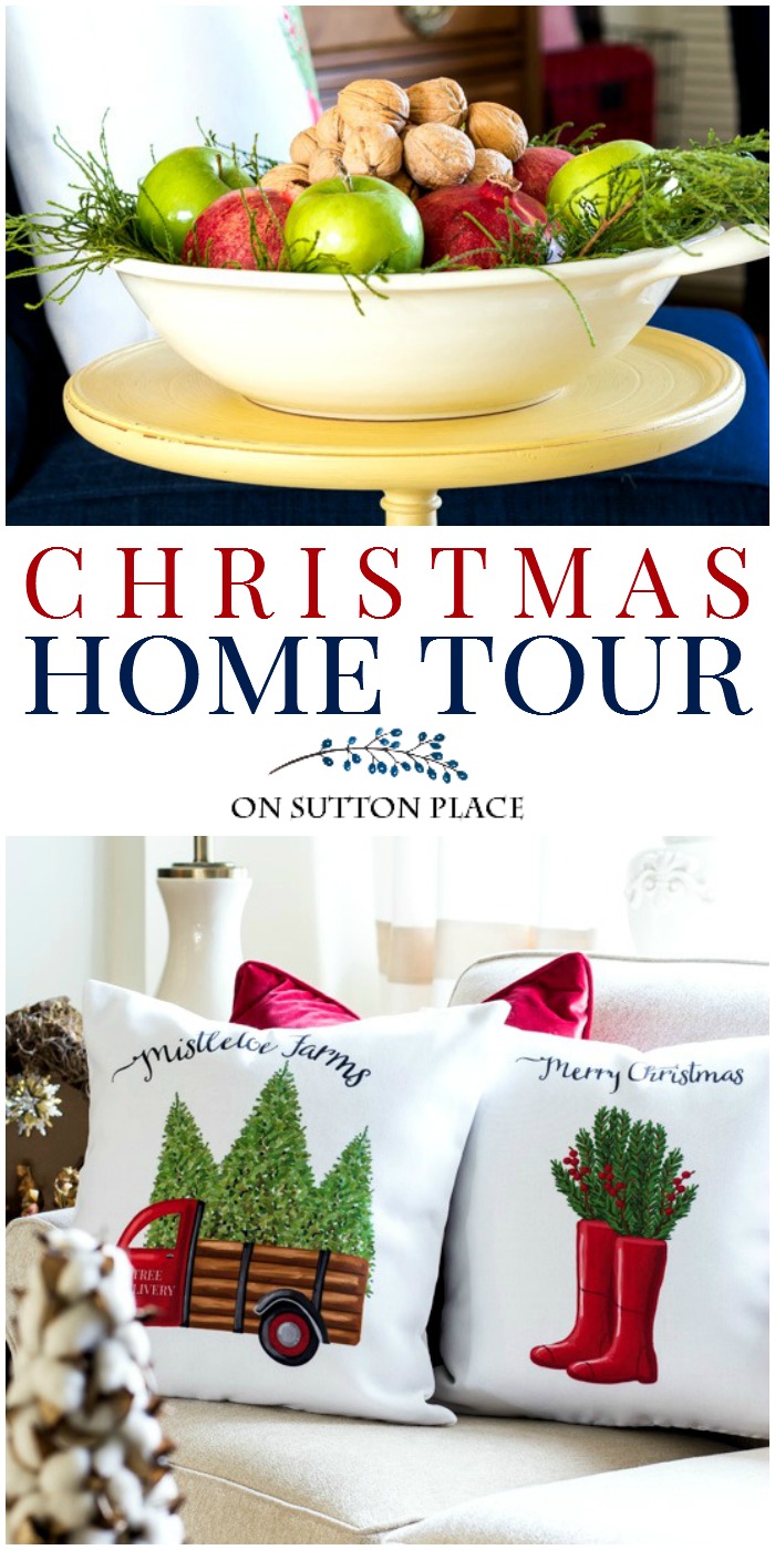 Take this Christmas home tour for easy & classic Christmas decor ideas. Christmas porch decor, Christmas stairway garland, Christmas tablescape and more! #Christmas #Christmasdecor #Christmashometour