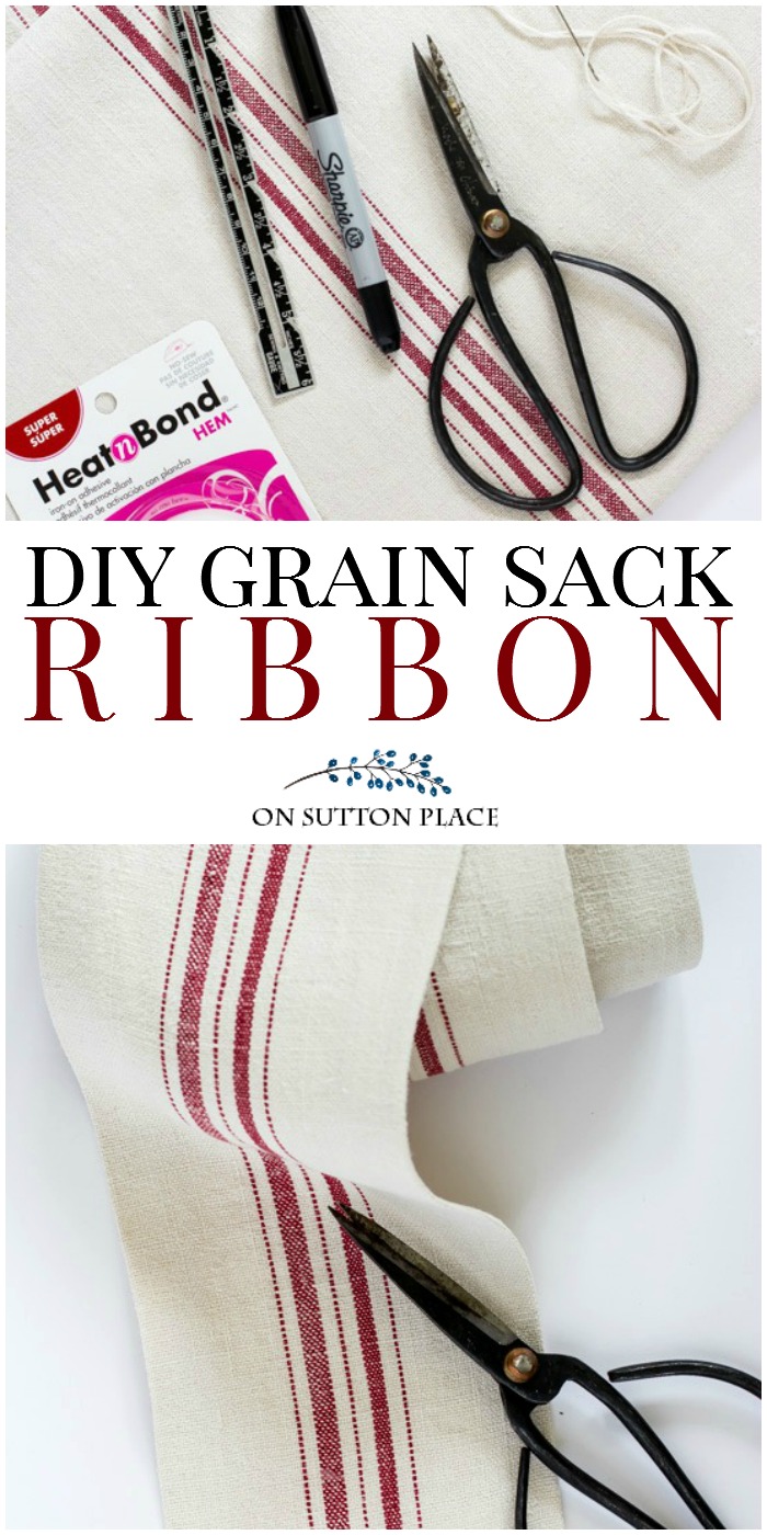 DIY Antique Grain Sack Ribbon Tutorial | Make your own ribbon from an antique grain sack. Easy, no-sew, step-by-step directions. #grainsack #grainsackribbon