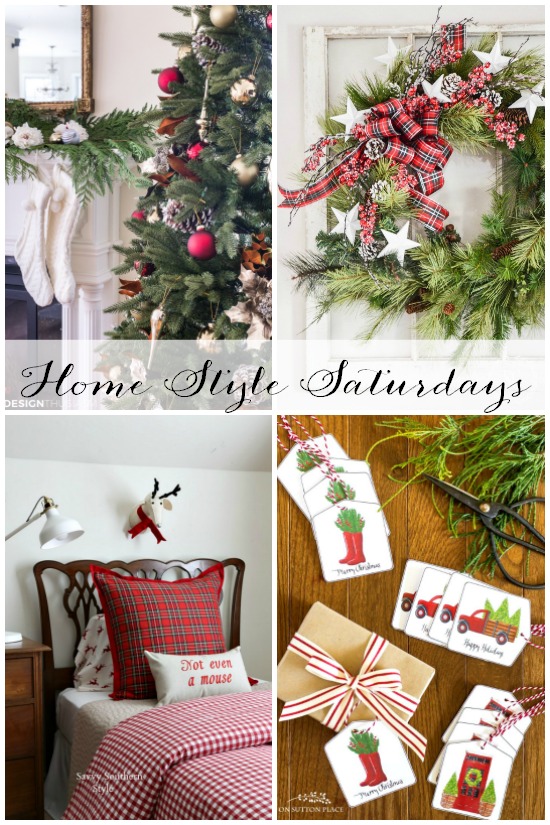 Home Style Saturday Christmas Decorating Tips: Slim Christmas tree, updated wreath, holiday table setting ideas, printable gift tags & more!