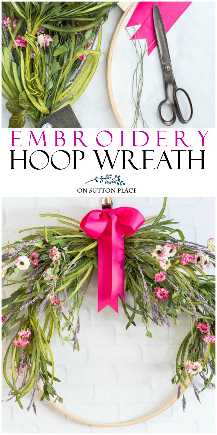 Easy Floral Embroidery Hoop Wreath | Make this floral wreath with an embroidery hoop and basic craft store items. Inexpensive way to dress up your door! #wreath #hoopwreath #embroideryhoopwreath