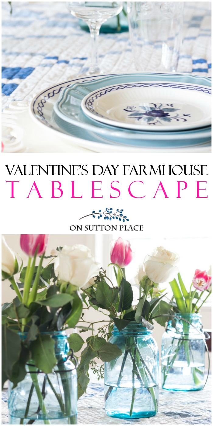 Use these farmhouse inspired Valentine's Day tablescape ideas to celebrate the day with family or friends. Easy & inexpensive ideas to use year-round. #valentinesday #valentinestablescape #valentinesdecor #valentinestablesetting