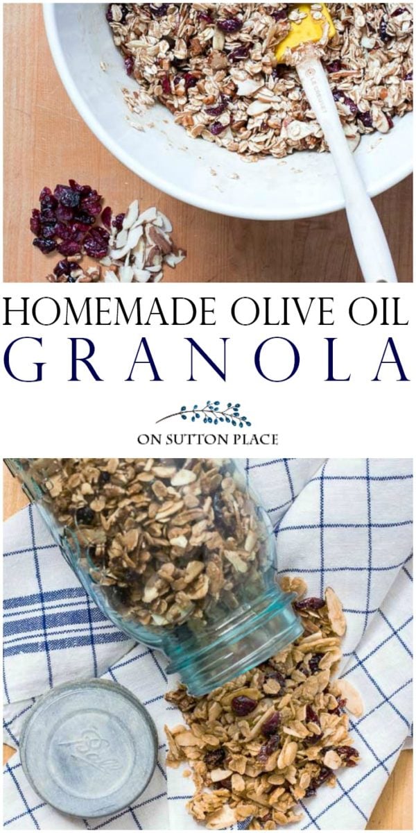 homemade olive oil granola recipe pin Easy & delicious oven-baked homemade olive oil granola recipe. Oatmeal, nuts & craisins makes this a healthy topping for yogurt or cereal.