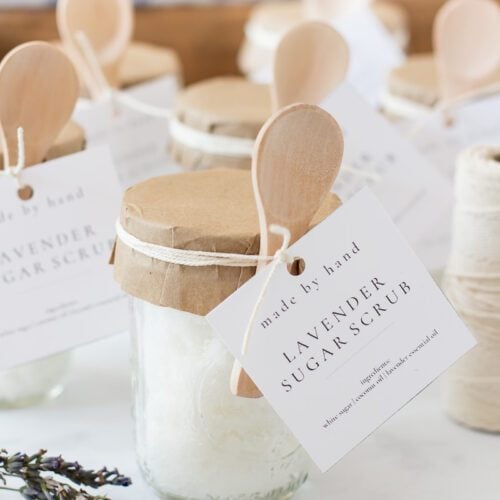 lavender sugar scrub in jar with tag2021