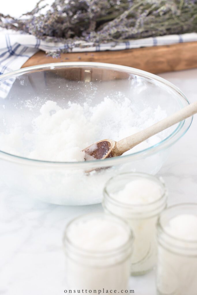 lavender sugar scrub recipe in bowl and jars2021