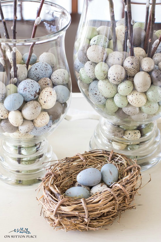 pussy willow centerpiece with nest of eggs