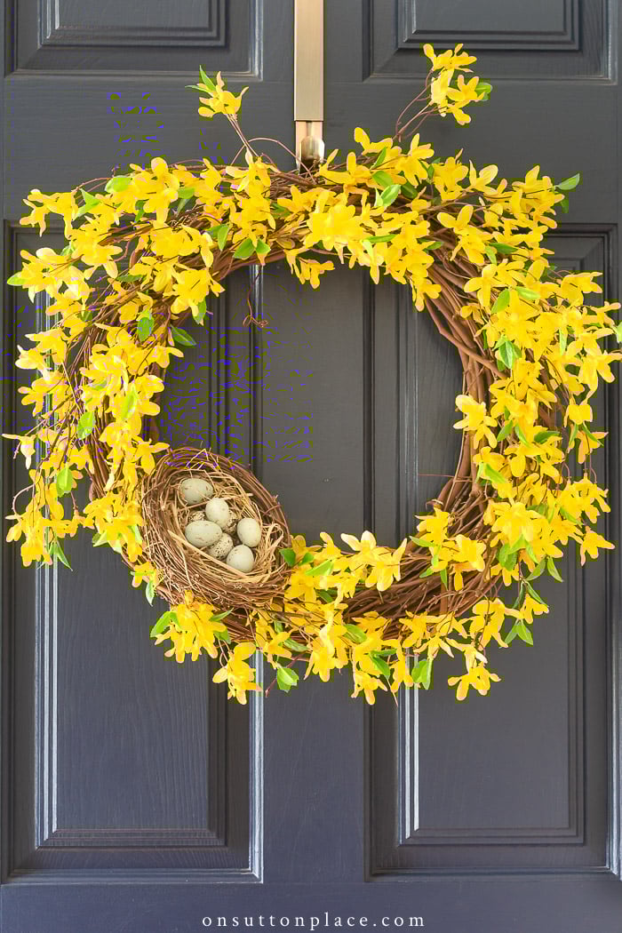 spring forsythia wreath with nest 2022