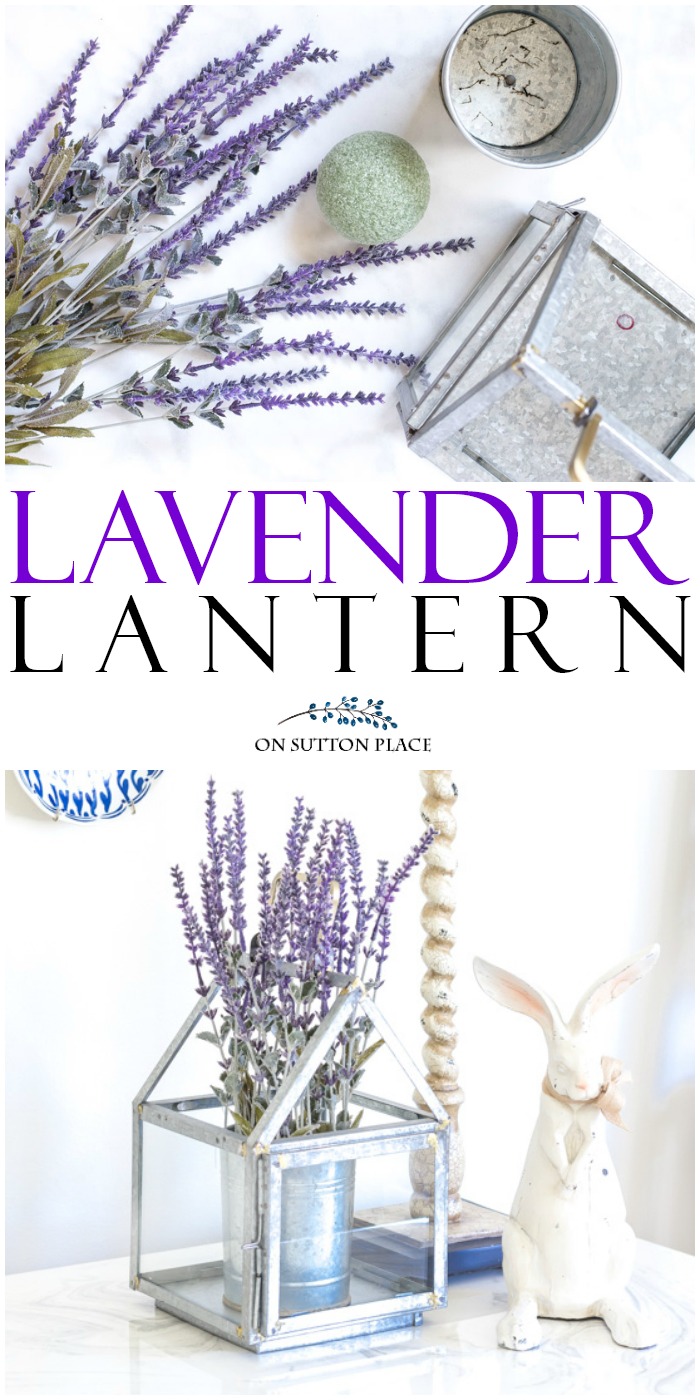 Easy lavender lantern arrangement idea for a mantel or vignette. Perfect for spring and summer decor. Budget-friendly project that uses faux or fresh lavender. #lavender #fauxlavender #lavender pot #lantern #manteldecor #springdecor #vignette